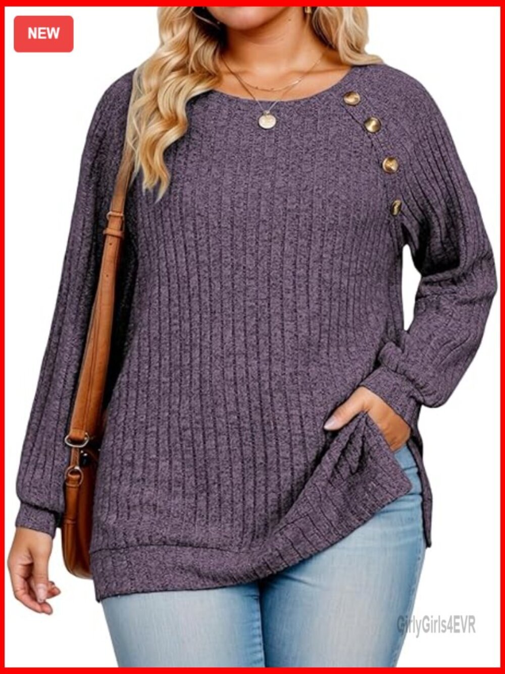 Plus Size Long Sleeve Tunic Sweater Button Decor Side Split Casual Blouse